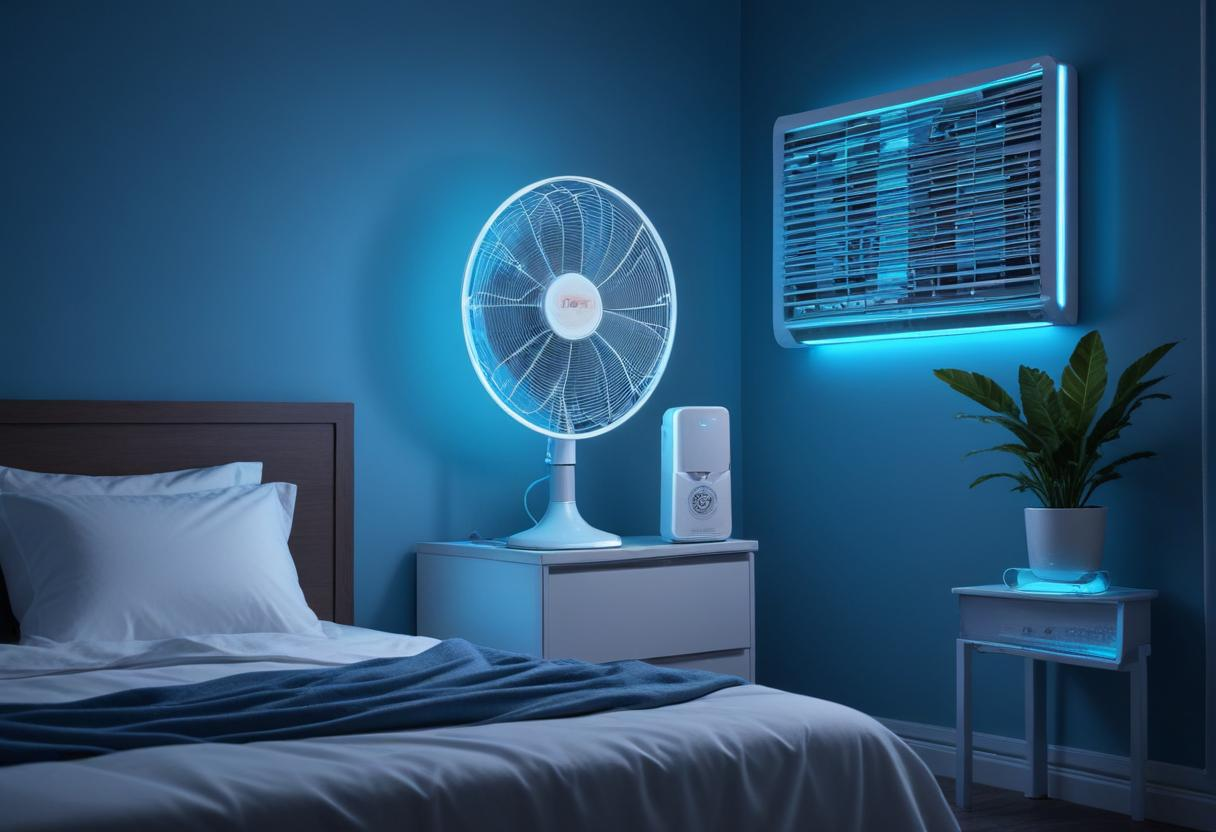 Quarto em luz azul com ventilador na mesa de cabeceira e ar condicionado instalado na parede.